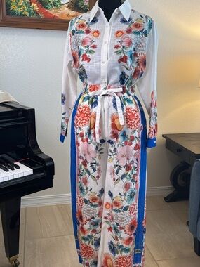 Floral Wide-Leg Jumpsuit with Blue Trim - White in Linen